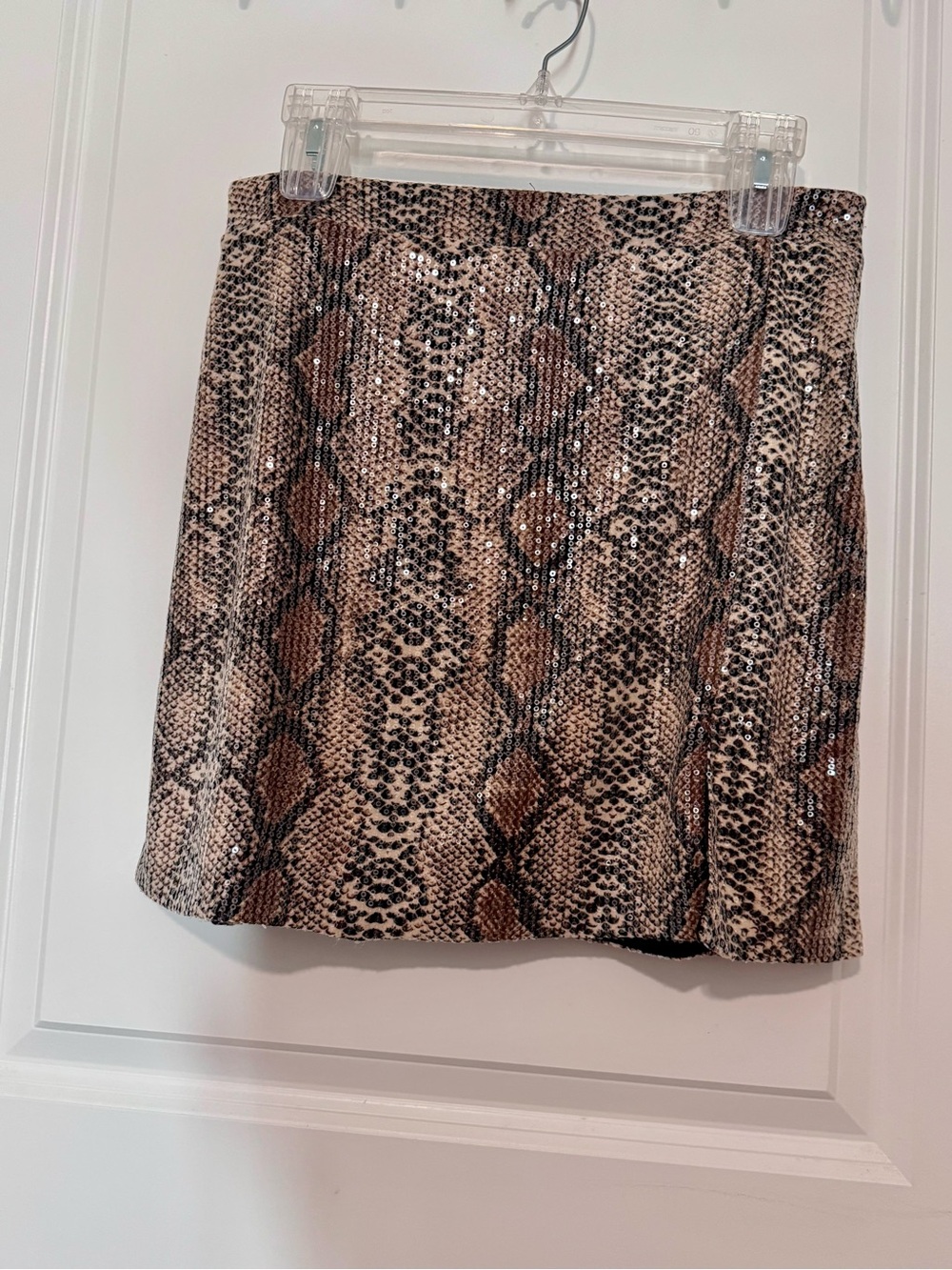 NWOT, Brown Snake-Print Sequin Mini Skirt